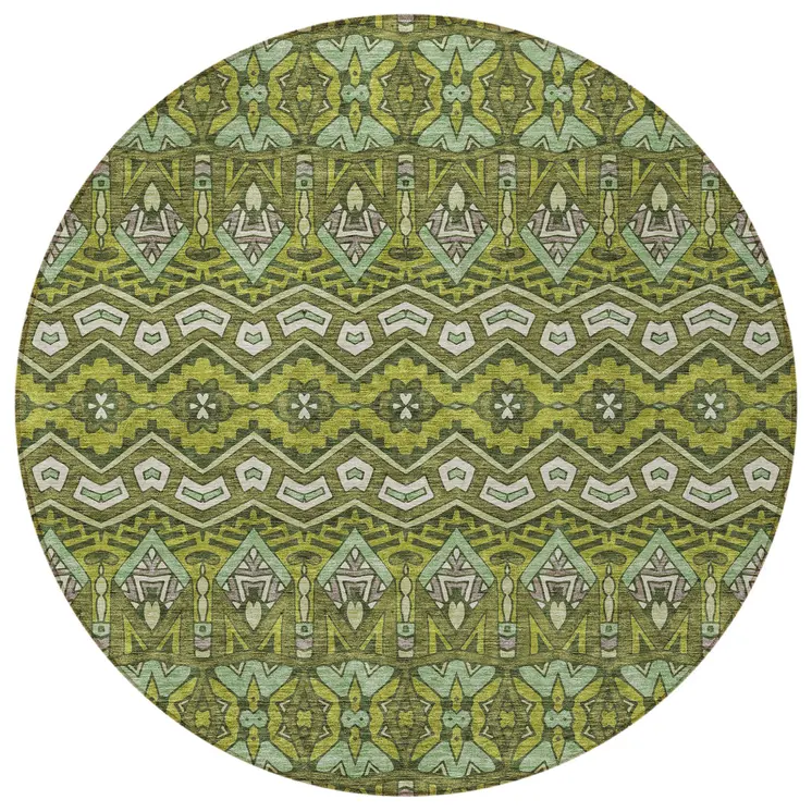 8' Olive Green Purple And Ivory Round Moroccan Washable Indoor Outdoor Area Rug