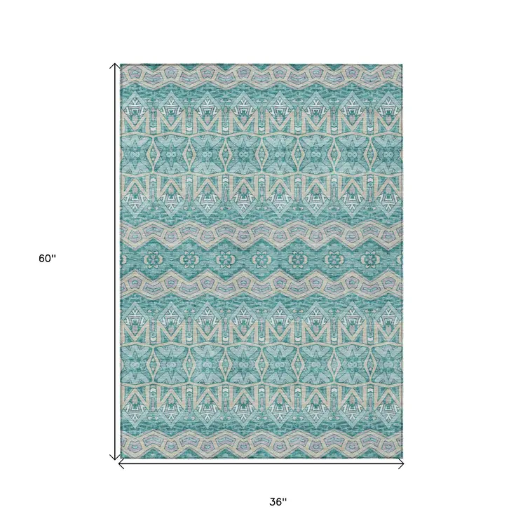 3' X 5' Teal Blue Purple And Gray Moroccan Washable Indoor Outdoor Area Rug