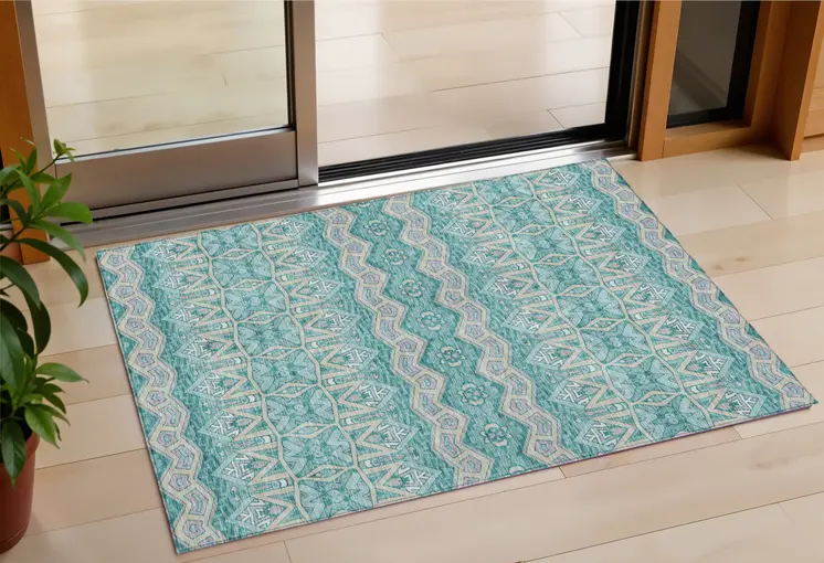3' X 5' Teal Blue Purple And Gray Moroccan Washable Indoor Outdoor Area Rug
