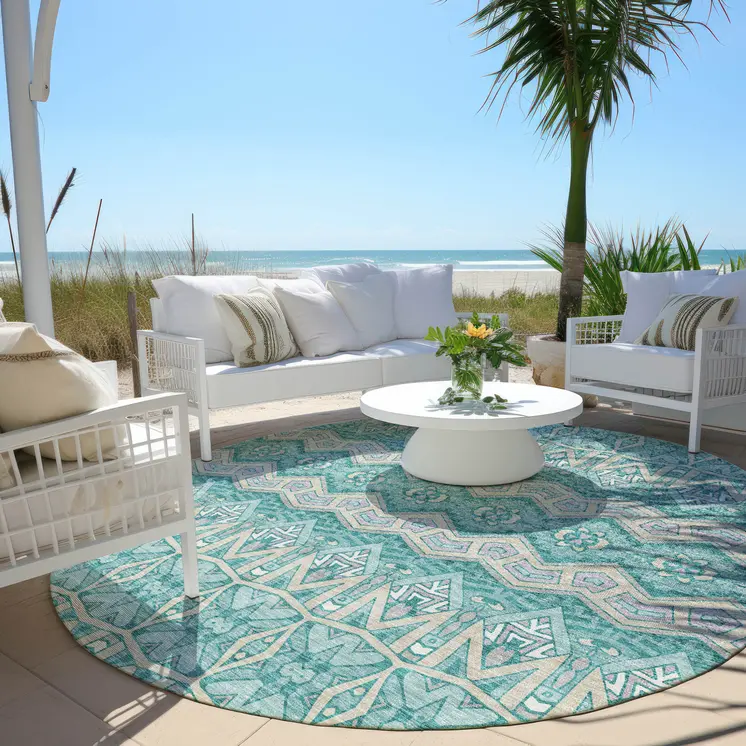 8' Teal Blue Purple And Gray Round Moroccan Washable Indoor Outdoor Area Rug