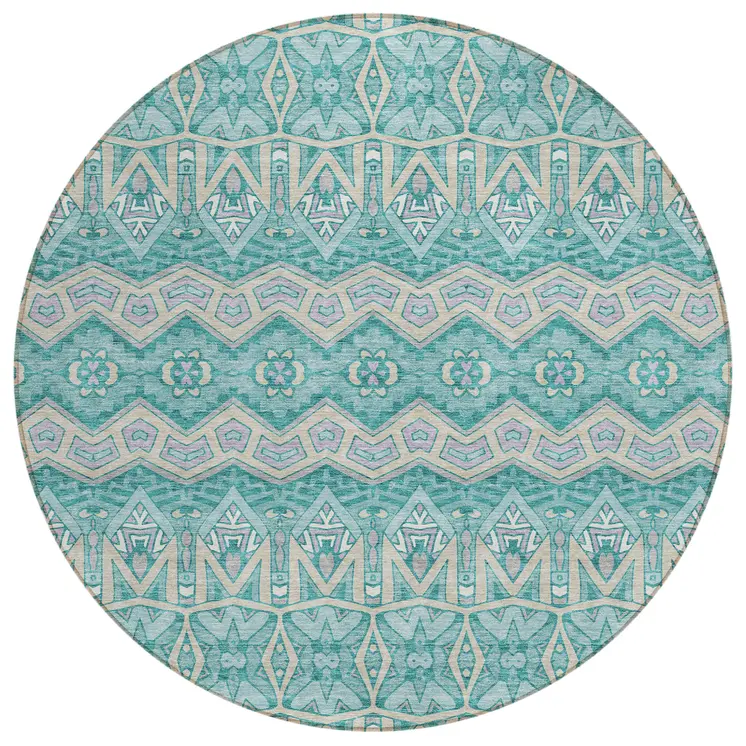 8' Teal Blue Purple And Gray Round Moroccan Washable Indoor Outdoor Area Rug