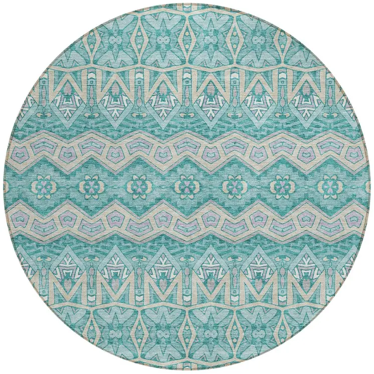 8' Teal Blue Purple And Gray Round Moroccan Washable Indoor Outdoor Area Rug