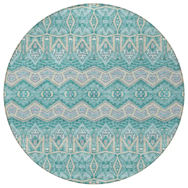 8' Teal Blue Purple And Gray Round Moroccan Washable Indoor Outdoor Area Rug