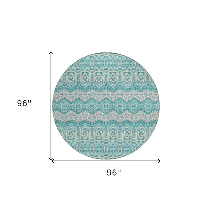 8' Teal Blue Purple And Gray Round Moroccan Washable Indoor Outdoor Area Rug