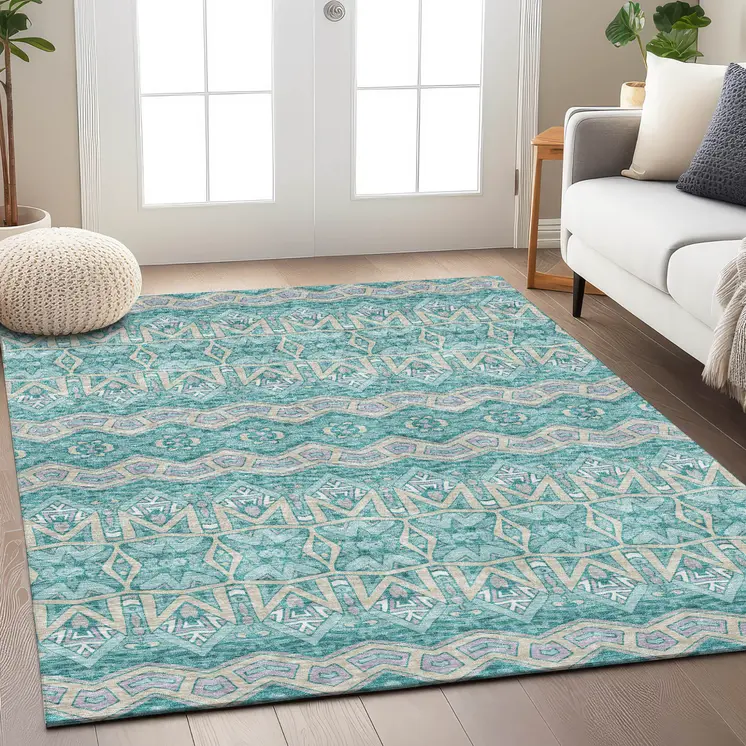 9' X 12' Teal Blue Purple And Gray Moroccan Washable Indoor Outdoor Area Rug