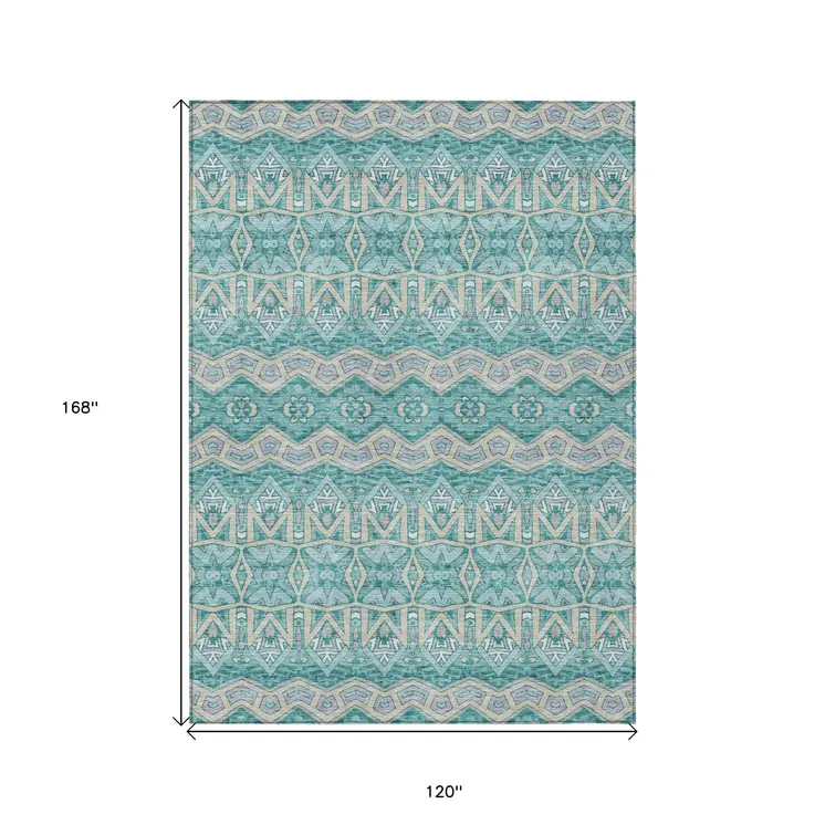 10' X 14' Teal Blue Purple And Gray Moroccan Washable Indoor Outdoor Area Rug
