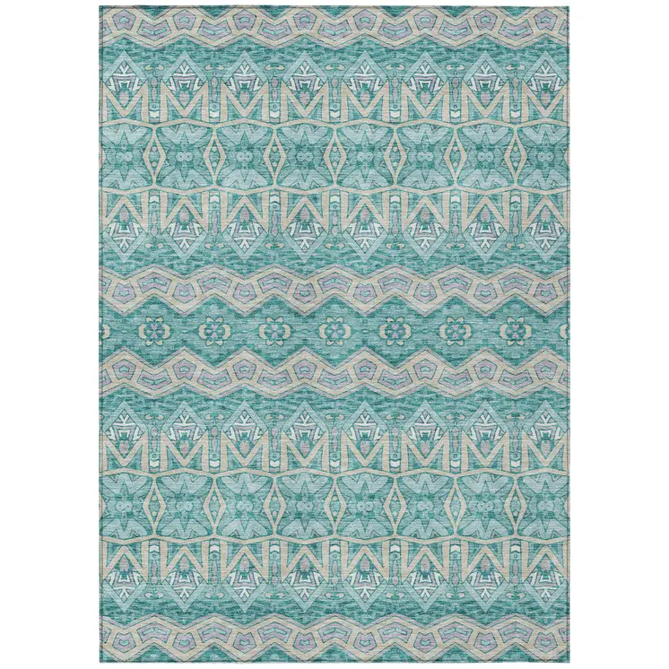 10' X 14' Teal Blue Purple And Gray Moroccan Washable Indoor Outdoor Area Rug