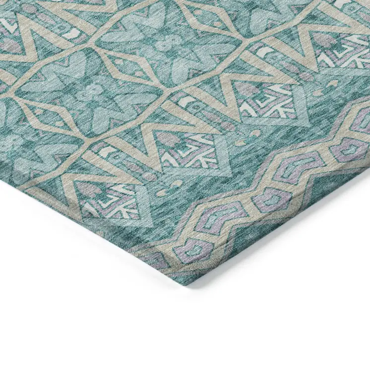 10' X 14' Teal Blue Purple And Gray Moroccan Washable Indoor Outdoor Area Rug