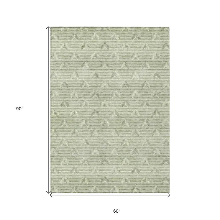 5' X 8' Artichoke Green And Ivory Geometric Washable Indoor Outdoor Area Rug