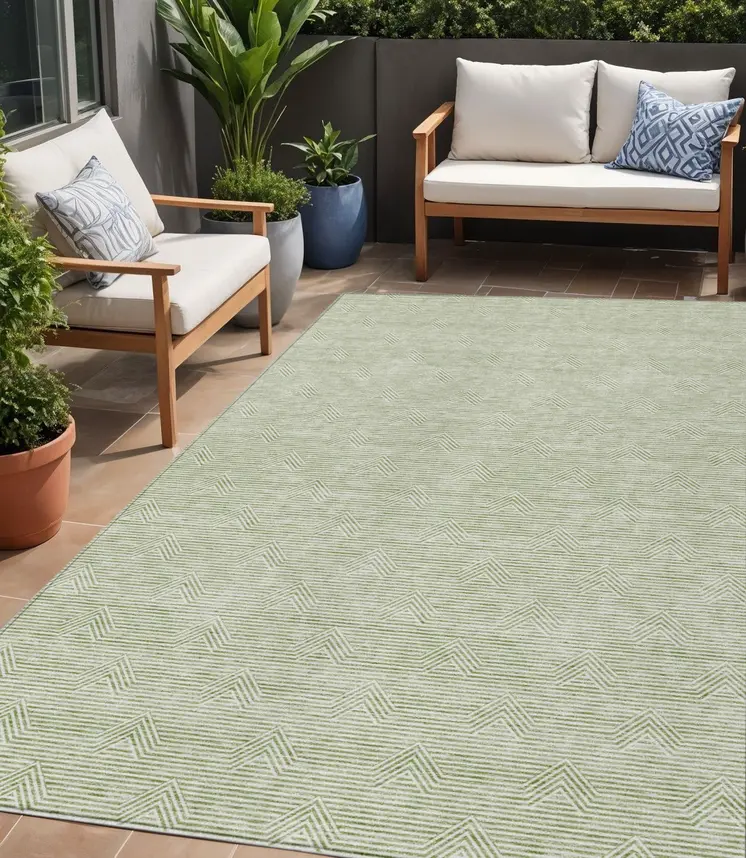 5' X 8' Artichoke Green And Ivory Geometric Washable Indoor Outdoor Area Rug
