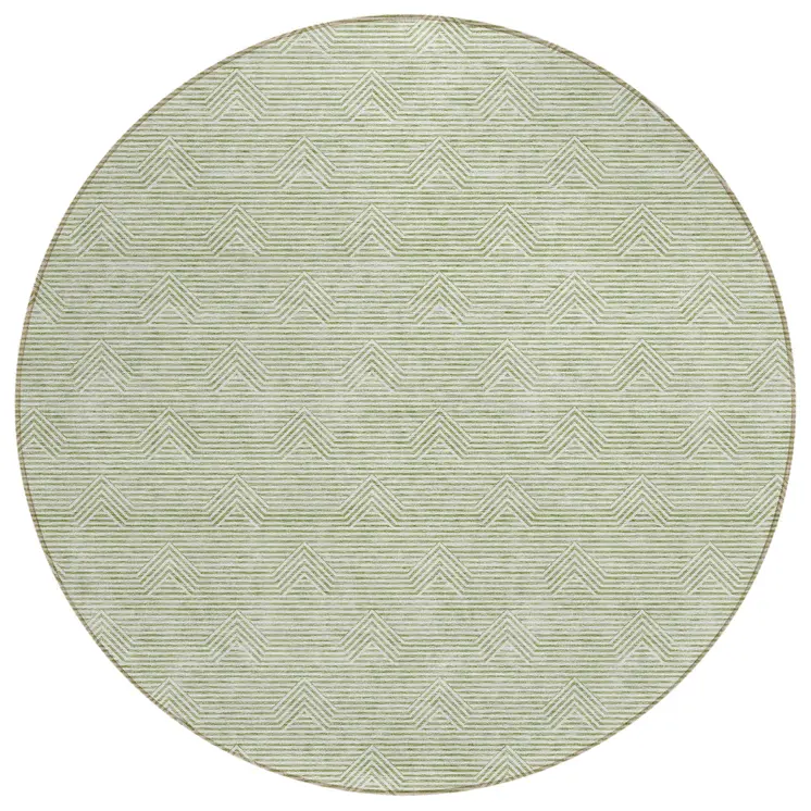 8' Artichoke Green And Ivory Round Geometric Washable Indoor Outdoor Area Rug