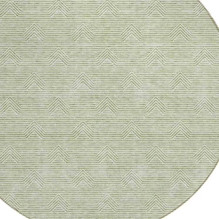 8' Artichoke Green And Ivory Round Geometric Washable Indoor Outdoor Area Rug