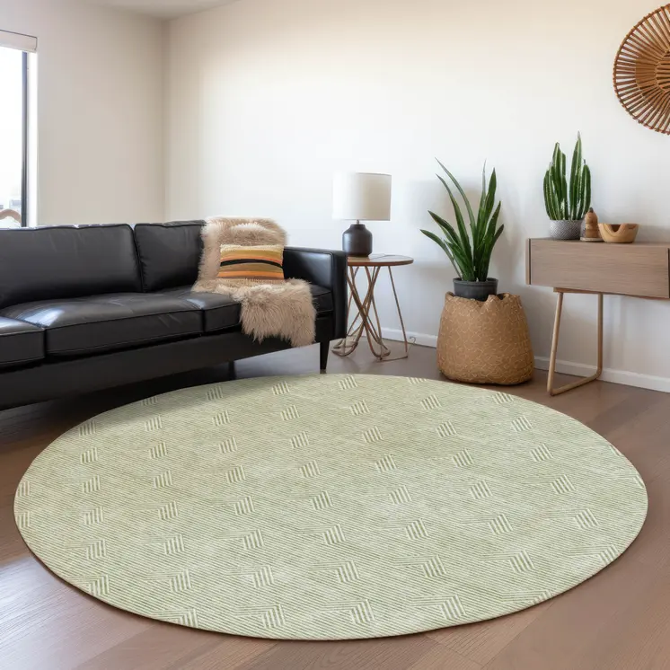 8' Artichoke Green And Ivory Round Geometric Washable Indoor Outdoor Area Rug
