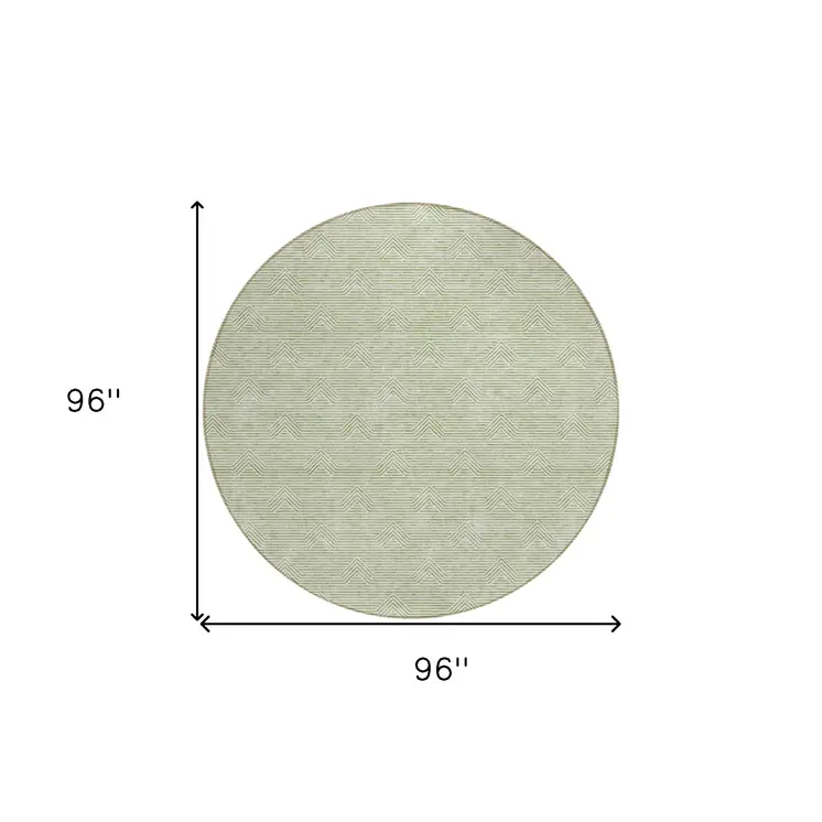 8' Artichoke Green And Ivory Round Geometric Washable Indoor Outdoor Area Rug