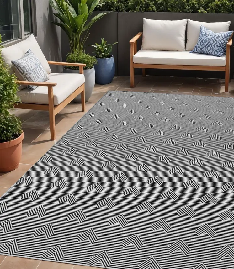 5' X 8' Black And Ivory Geometric Washable Indoor Outdoor Area Rug