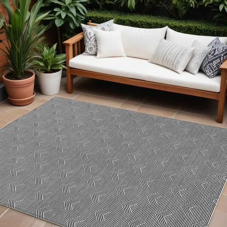 9' X 12' Black And Ivory Geometric Washable Indoor Outdoor Area Rug