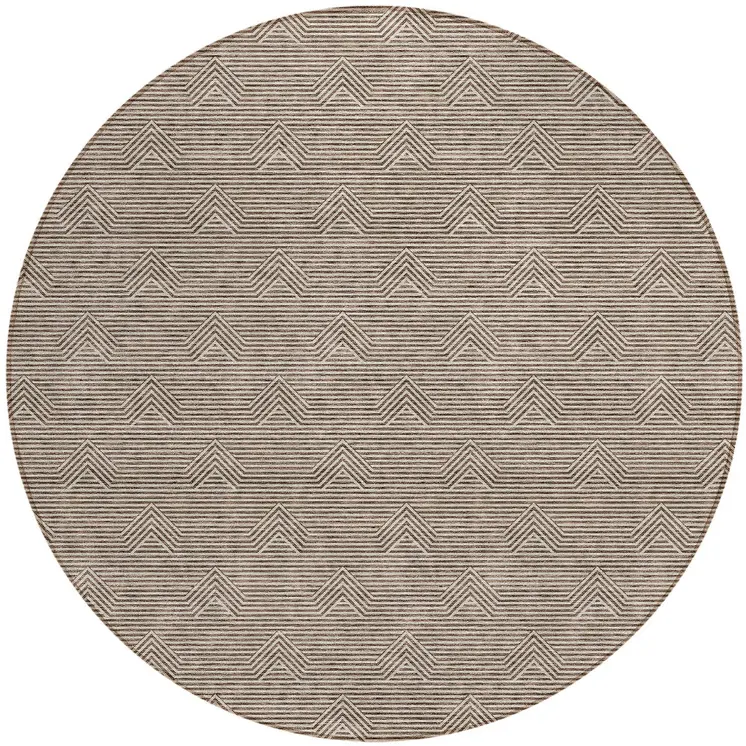 8' Brown And Beige Round Geometric Washable Indoor Outdoor Area Rug