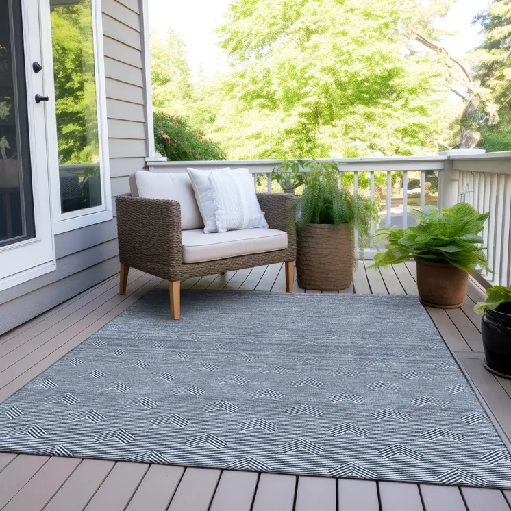 9' X 12' Blue And Ivory Geometric Washable Indoor Outdoor Area Rug
