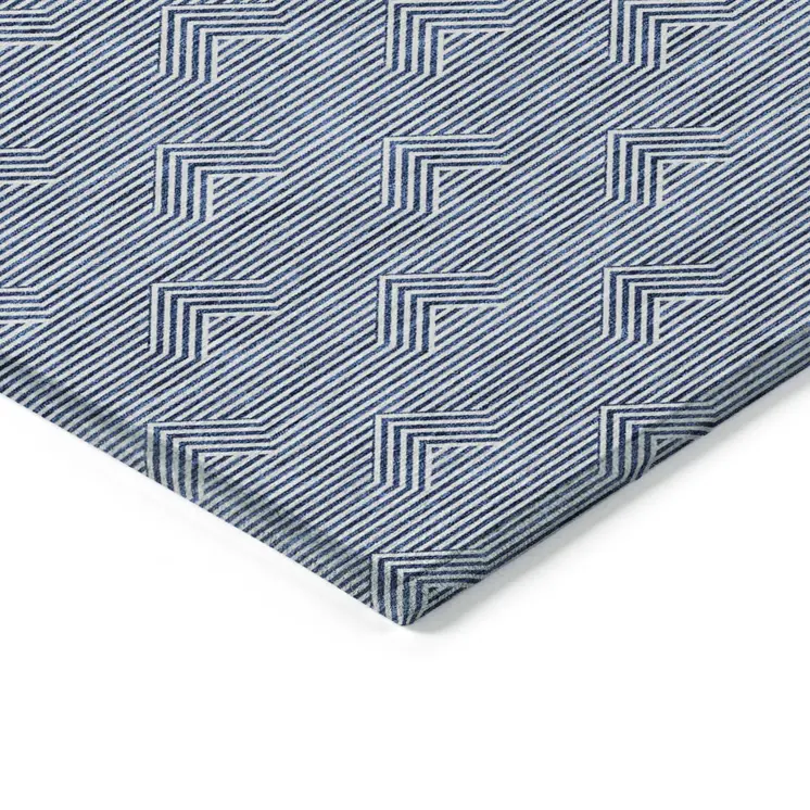 9' X 12' Blue And Ivory Geometric Washable Indoor Outdoor Area Rug