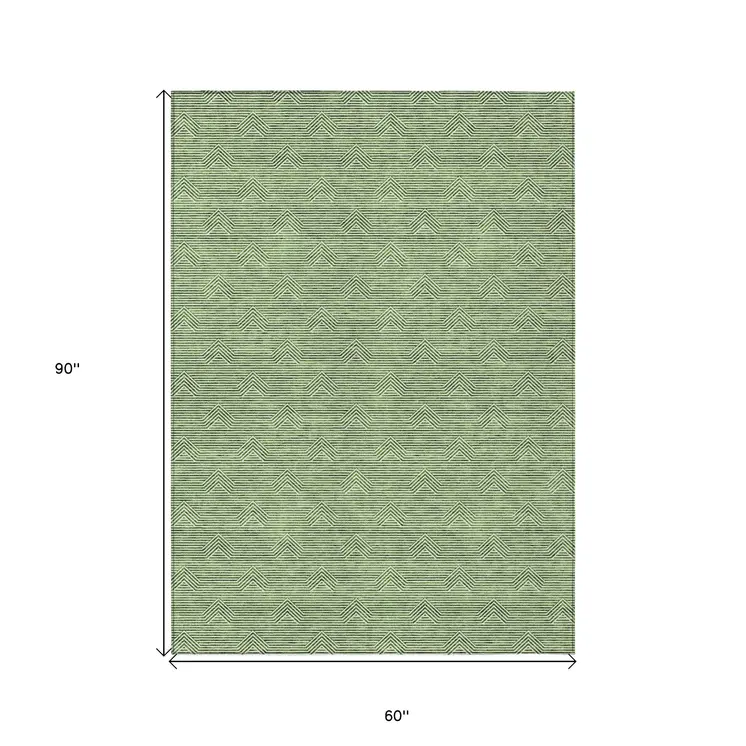 5' X 8' Green And Beige Geometric Washable Indoor Outdoor Area Rug