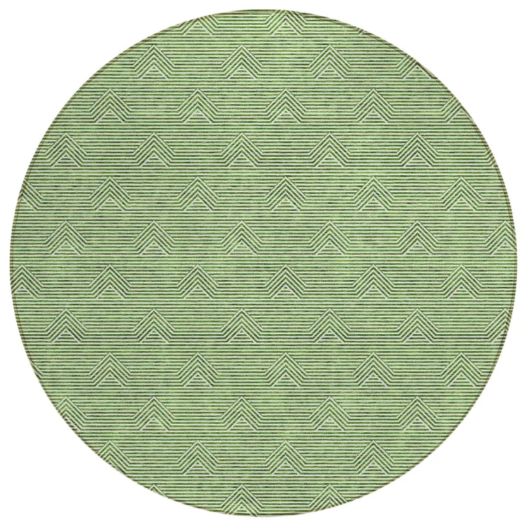 8' Green And Beige Round Geometric Washable Indoor Outdoor Area Rug