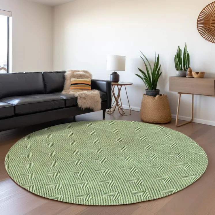 8' Green And Beige Round Geometric Washable Indoor Outdoor Area Rug