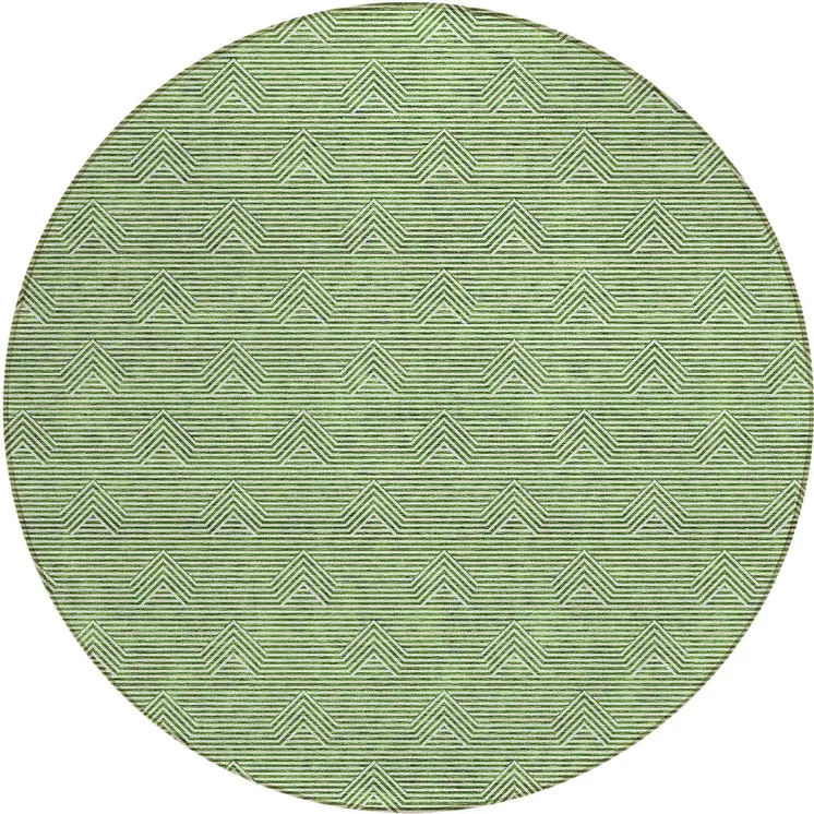 8' Green And Beige Round Geometric Washable Indoor Outdoor Area Rug