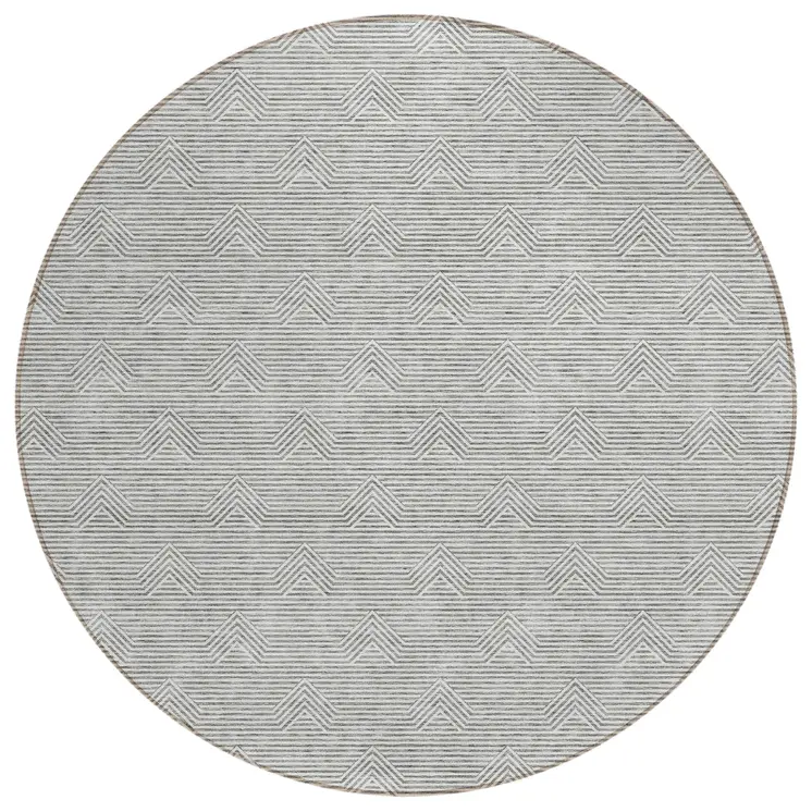 8' Gray And Ivory Round Geometric Washable Indoor Outdoor Area Rug