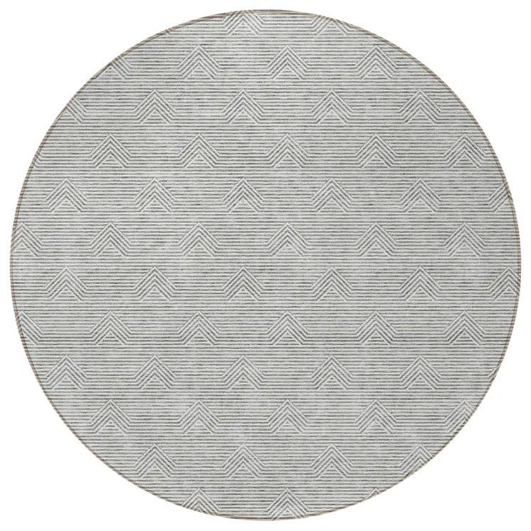 8' Gray And Ivory Round Geometric Washable Indoor Outdoor Area Rug