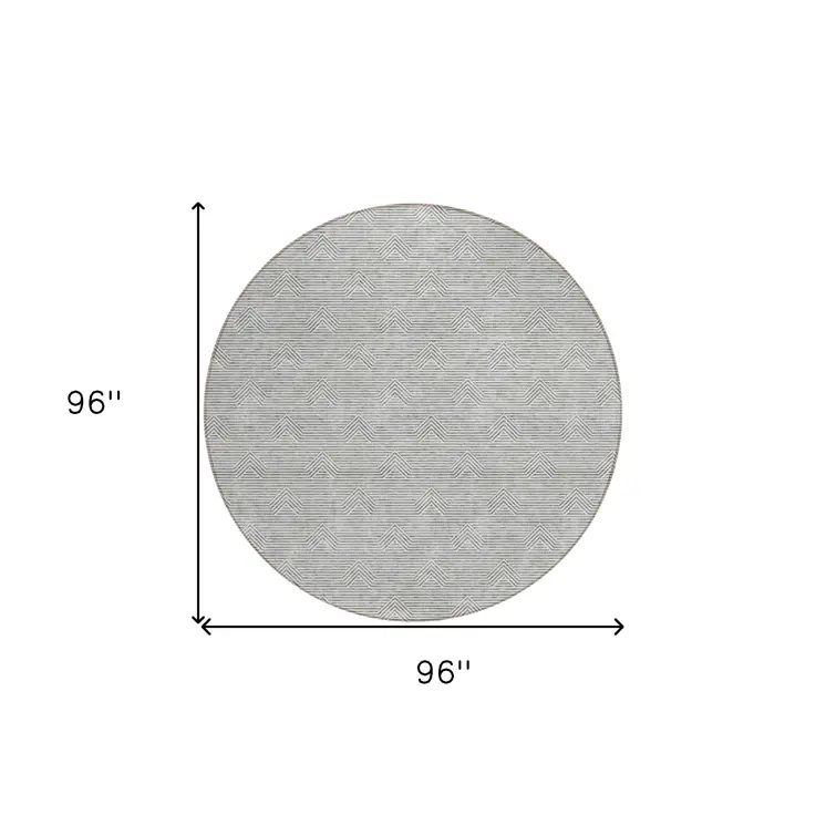8' Gray And Ivory Round Geometric Washable Indoor Outdoor Area Rug