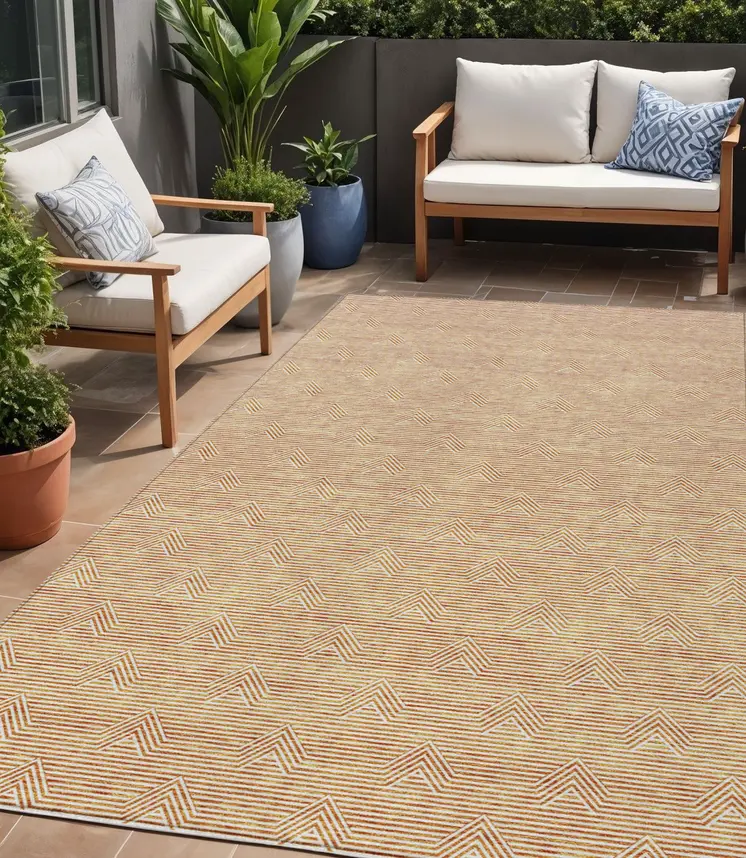 5' X 8' Orange And Ivory Geometric Washable Indoor Outdoor Area Rug