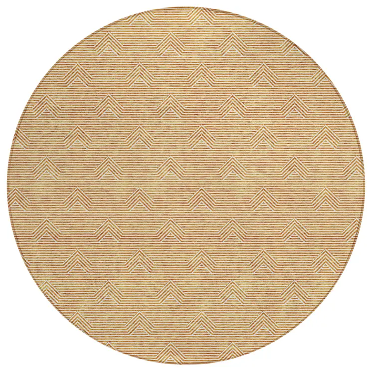 8' Orange And Ivory Round Geometric Washable Indoor Outdoor Area Rug