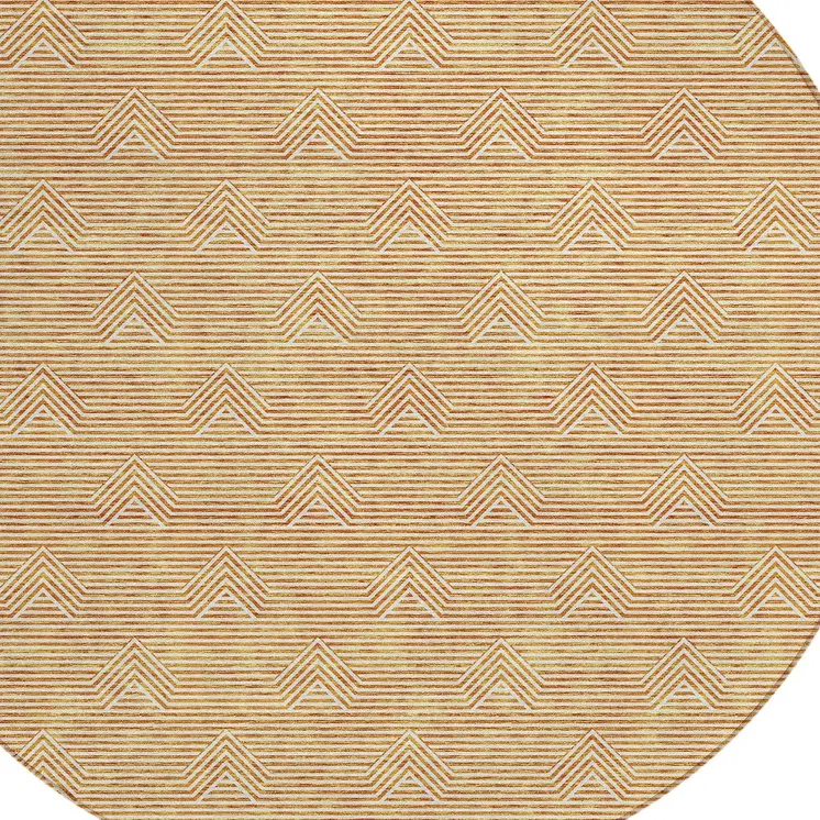 8' Orange And Ivory Round Geometric Washable Indoor Outdoor Area Rug