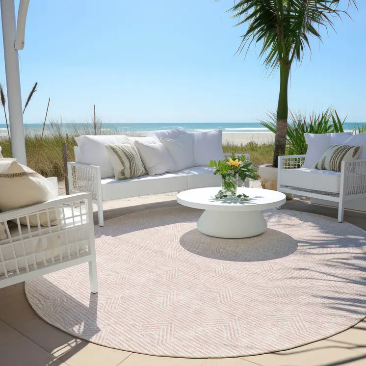8' Pink And Gray Round Geometric Washable Indoor Outdoor Area Rug