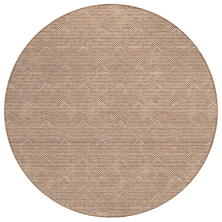 8' Brown And Beige Round Geometric Washable Indoor Outdoor Area Rug