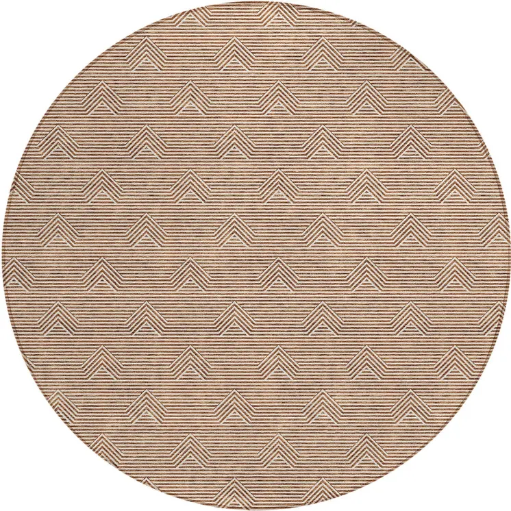 8' Brown And Beige Round Geometric Washable Indoor Outdoor Area Rug