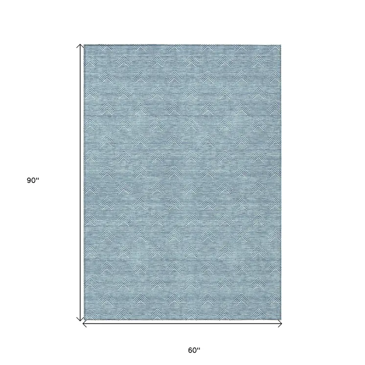 5' X 8' Teal Blue And Ivory Geometric Washable Indoor Outdoor Area Rug