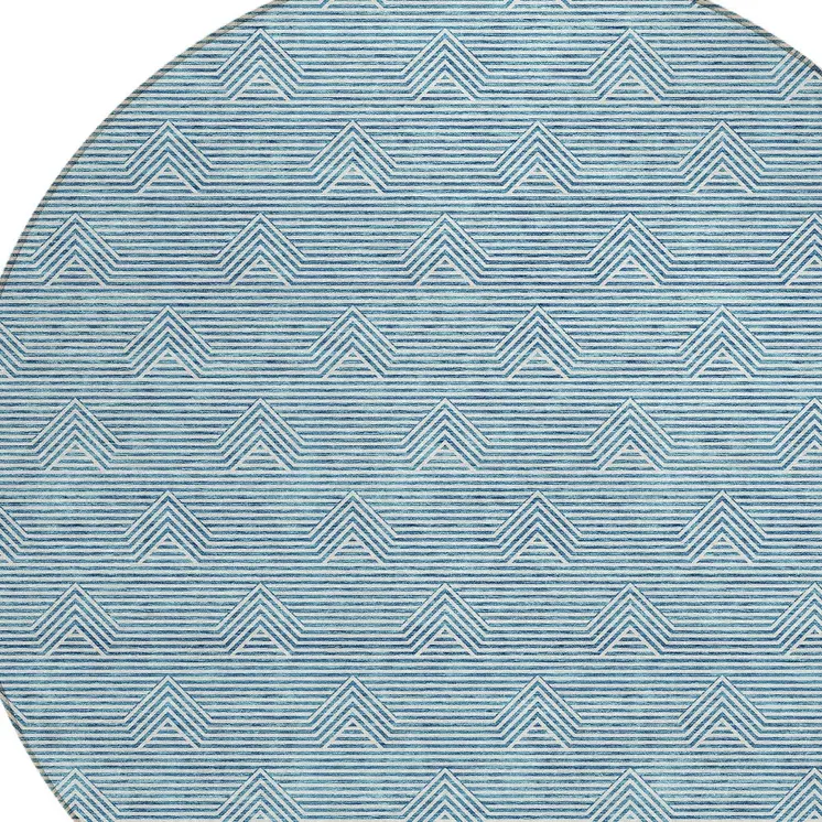 8' Teal Blue And Ivory Round Geometric Washable Indoor Outdoor Area Rug