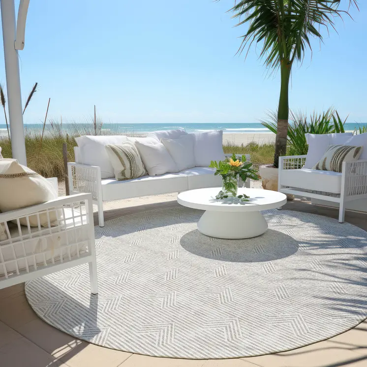 8' Taupe And Ivory Round Geometric Washable Indoor Outdoor Area Rug