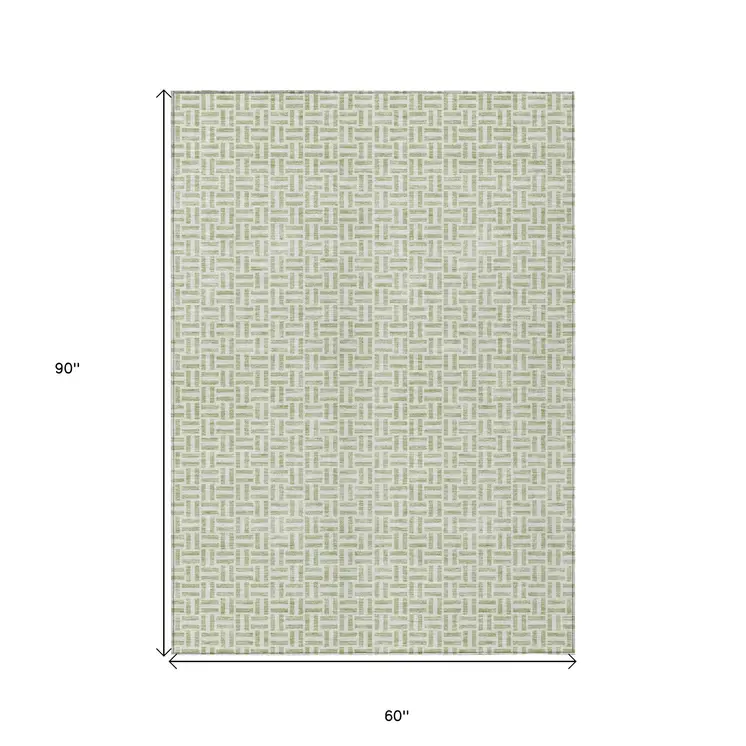 5' X 8' Artichoke Green And Gray Geometric Washable Indoor Outdoor Area Rug