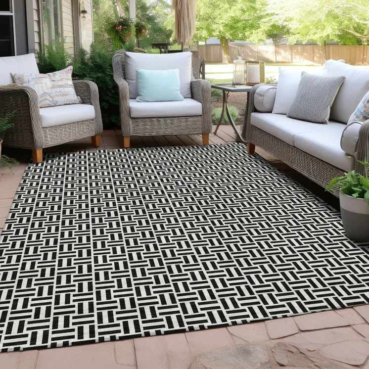 3' X 5' Black And Ivory Geometric Washable Indoor Outdoor Area Rug