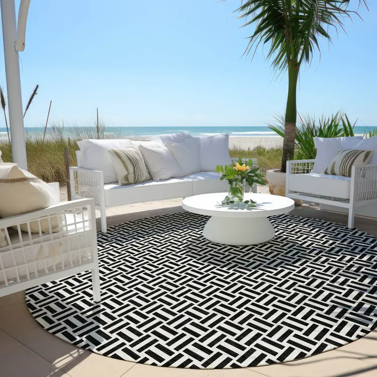 8' Black And Ivory Round Geometric Washable Indoor Outdoor Area Rug