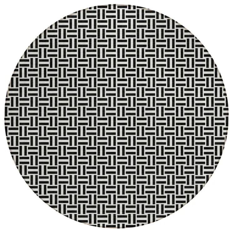 8' Black And Ivory Round Geometric Washable Indoor Outdoor Area Rug