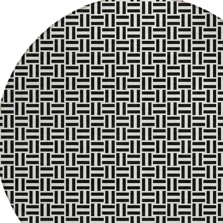 8' Black And Ivory Round Geometric Washable Indoor Outdoor Area Rug