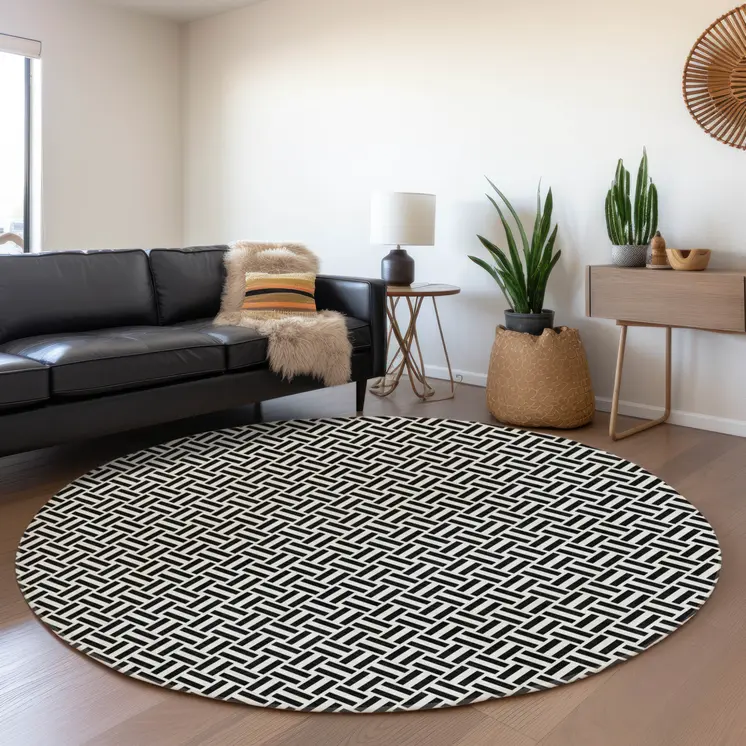 8' Black And Ivory Round Geometric Washable Indoor Outdoor Area Rug