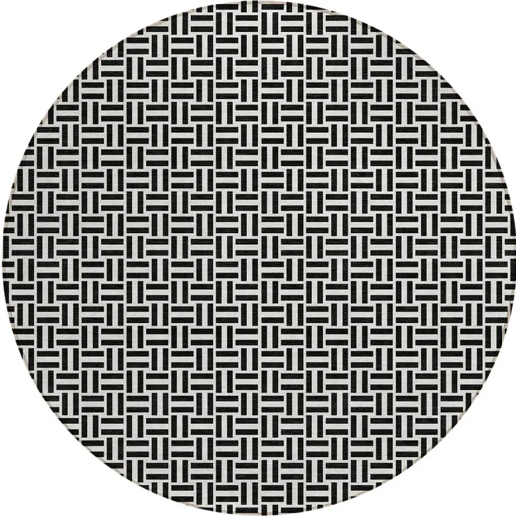 8' Black And Ivory Round Geometric Washable Indoor Outdoor Area Rug