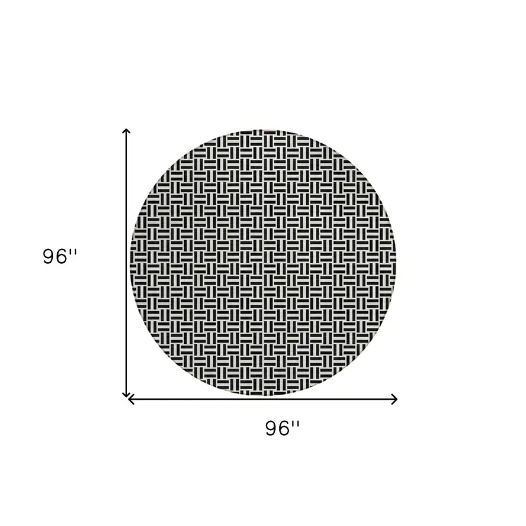 8' Black And Ivory Round Geometric Washable Indoor Outdoor Area Rug
