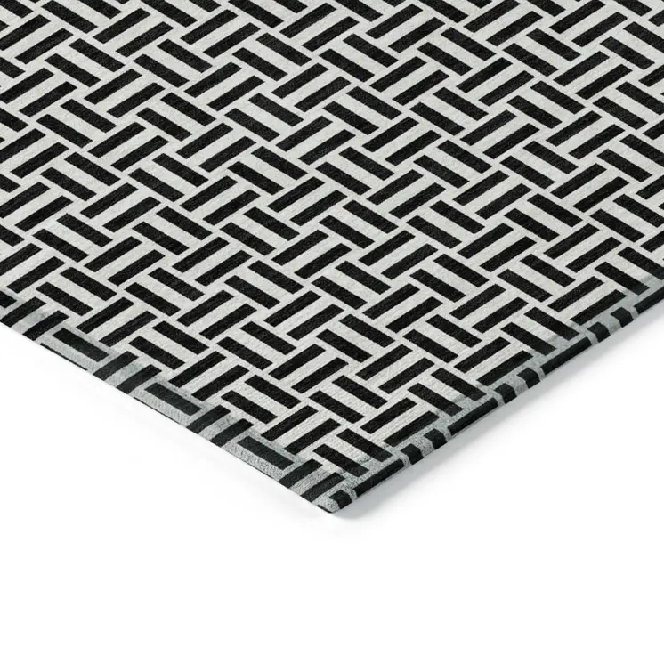 10' X 14' Black And Ivory Geometric Washable Indoor Outdoor Area Rug