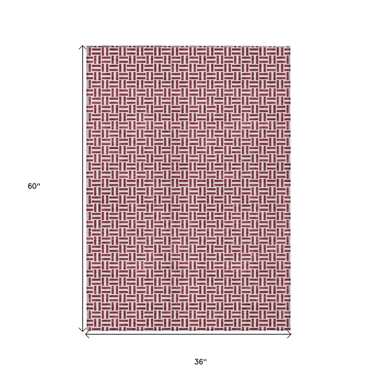 3' X 5' Burgundy And Ivory Geometric Washable Indoor Outdoor Area Rug
