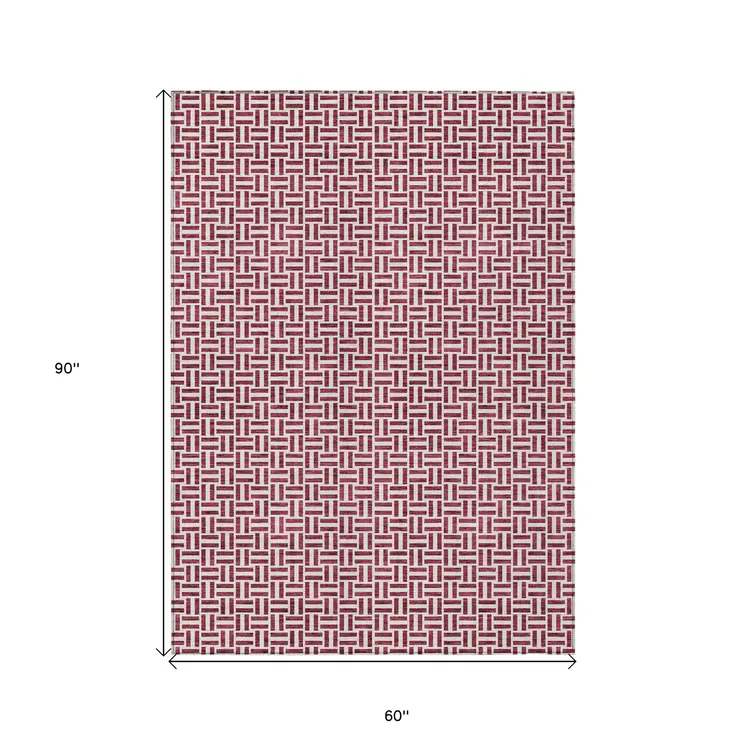 5' X 8' Burgundy And Ivory Geometric Washable Indoor Outdoor Area Rug